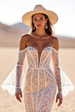 White Mermaid Flare Sleeves Lace Sweep Train Boho Wedding Dress