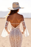 White Mermaid Flare Sleeves Lace Sweep Train Boho Wedding Dress