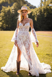 White A Line Corset Lace Sweep Train Boho Wedding Dress