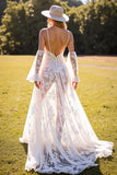 White A Line Corset Lace Sweep Train Boho Wedding Dress