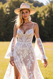 White A Line Corset Lace Sweep Train Boho Wedding Dress