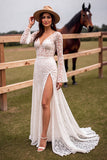 White Lace V Neck Sweep Train Boho Wedding Dress with Slit