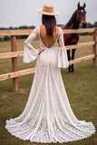 White Lace V Neck Sweep Train Boho Wedding Dress with Slit