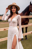 White Lace V Neck Sweep Train Boho Wedding Dress with Slit
