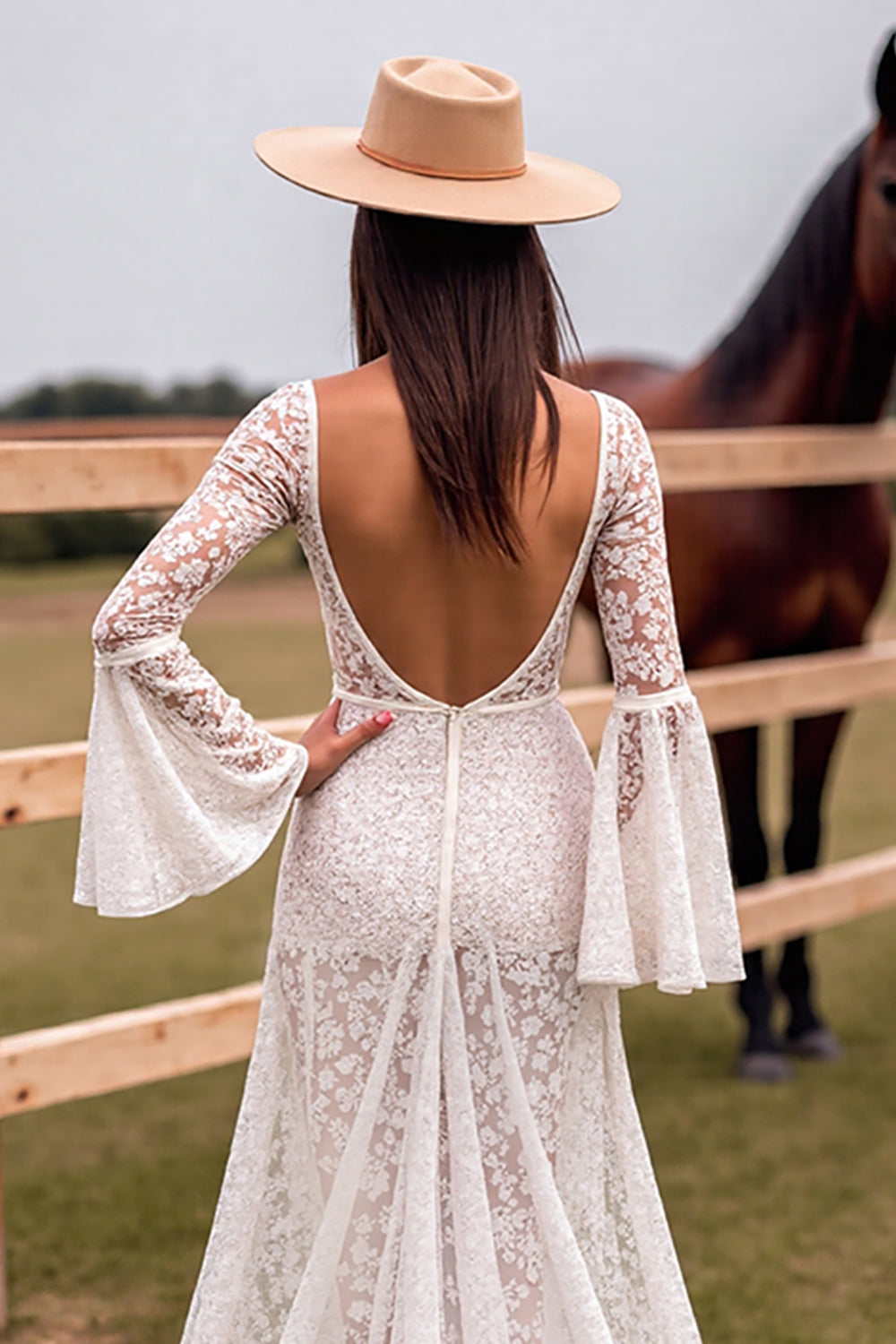 White Lace V Neck Sweep Train Boho Wedding Dress with Slit