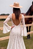 White Lace V Neck Sweep Train Boho Wedding Dress with Slit