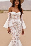 Mermaid White Lace Sweep Train Western Wedding Dress