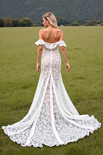 White High-Low Lace Sweep Train Boho Wedding Dress with Ruffles