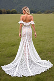 White High-Low Lace Sweep Train Boho Wedding Dress with Ruffles