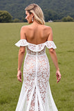 White High-Low Lace Sweep Train Boho Wedding Dress with Ruffles