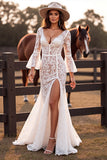 White V Neck Mermaid Lace Sweep Train Boho Wedding Dress with Slit