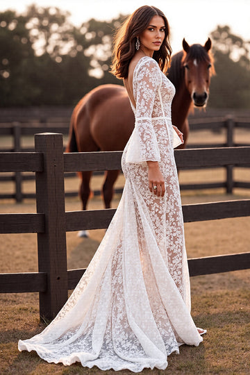 White V Neck Mermaid Lace Sweep Train Boho Wedding Dress with Slit