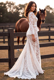 White V Neck Mermaid Lace Sweep Train Boho Wedding Dress with Slit