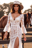 White V Neck Mermaid Lace Sweep Train Boho Wedding Dress with Slit