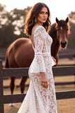 White V Neck Mermaid Lace Sweep Train Boho Wedding Dress with Slit