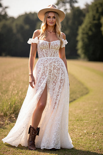 White A Line Lace Ruffled Floor Boho Wedding Dress with Slit