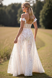 White A Line Lace Ruffled Floor Boho Wedding Dress with Slit