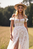 White A Line Lace Ruffled Floor Boho Wedding Dress with Slit