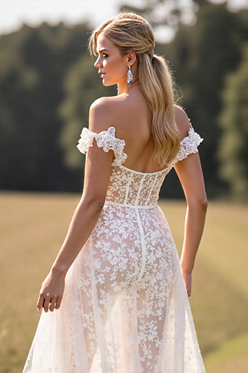 White A Line Lace Ruffled Floor Boho Wedding Dress with Slit