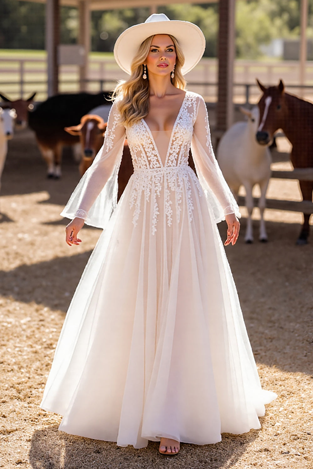 White Long Sleeves Floor-Length Boho Wedding Dress with Lace