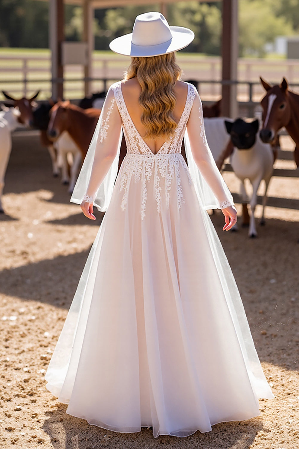 White Long Sleeves Floor-Length Boho Wedding Dress with Lace