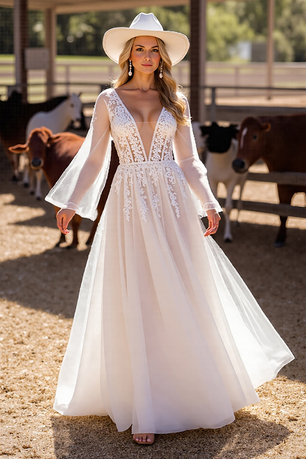 White Long Sleeves Floor-Length Boho Wedding Dress with Lace