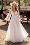 White Long Sleeves Floor-Length Boho Wedding Dress with Lace