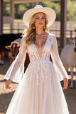 White Long Sleeves Floor-Length Boho Wedding Dress with Lace