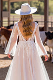 White Long Sleeves Floor-Length Boho Wedding Dress with Lace