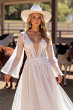 White Long Sleeves Floor-Length Boho Wedding Dress with Lace