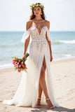 White Corset Chiffon Sweep Train Boho Wedding Dress with Lace