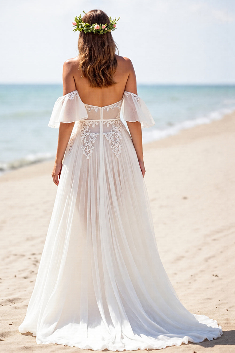 White Corset Chiffon Sweep Train Boho Wedding Dress with Lace