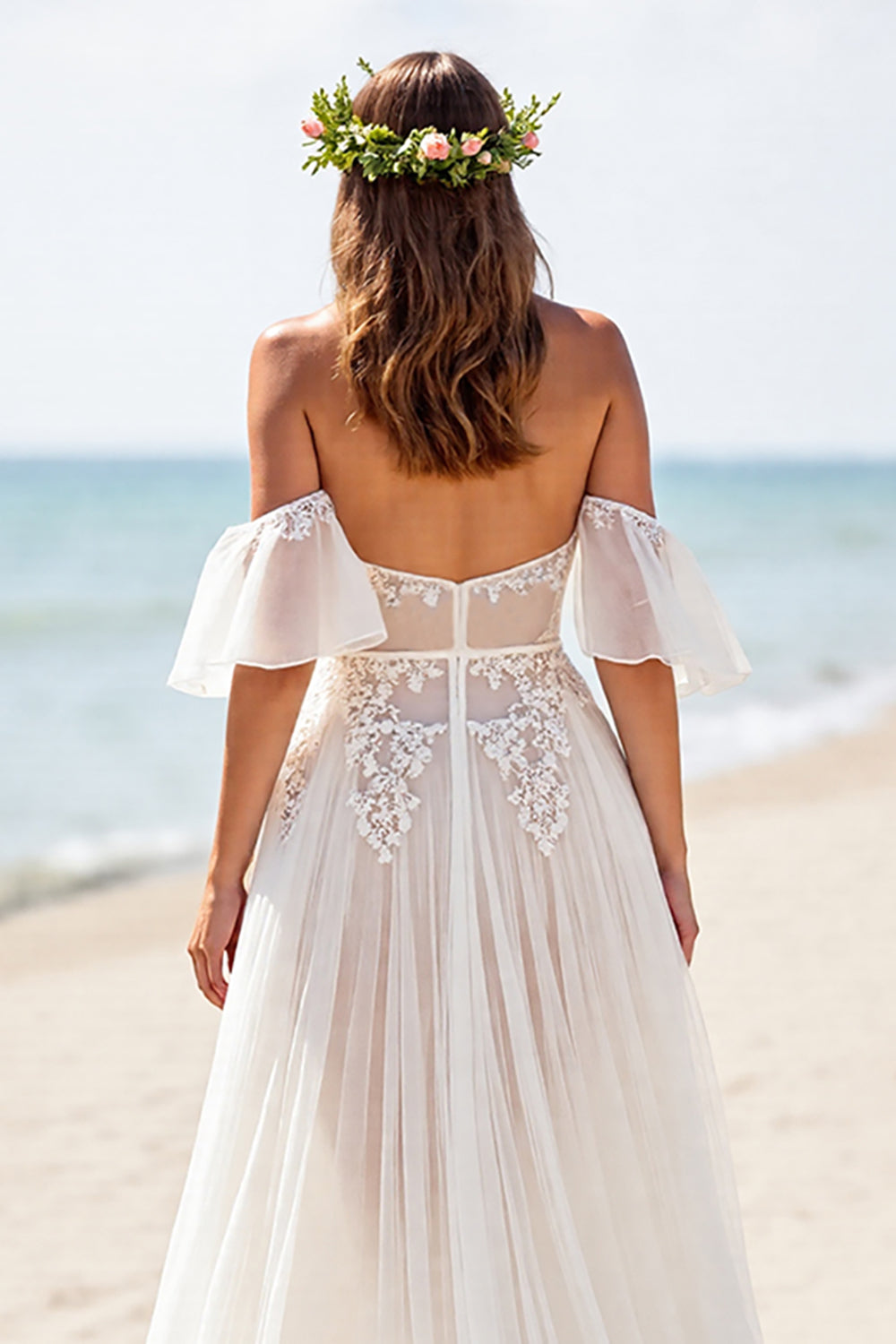 White Corset Chiffon Sweep Train Boho Wedding Dress with Lace