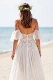 White Corset Chiffon Sweep Train Boho Wedding Dress with Lace