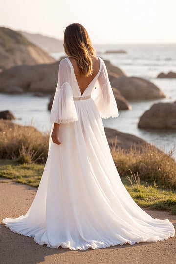 White Chiffon V-Neck A Line Sweep Train Boho Wedding Dress with Sleeves
