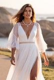 White Chiffon V-Neck A Line Sweep Train Boho Wedding Dress with Sleeves