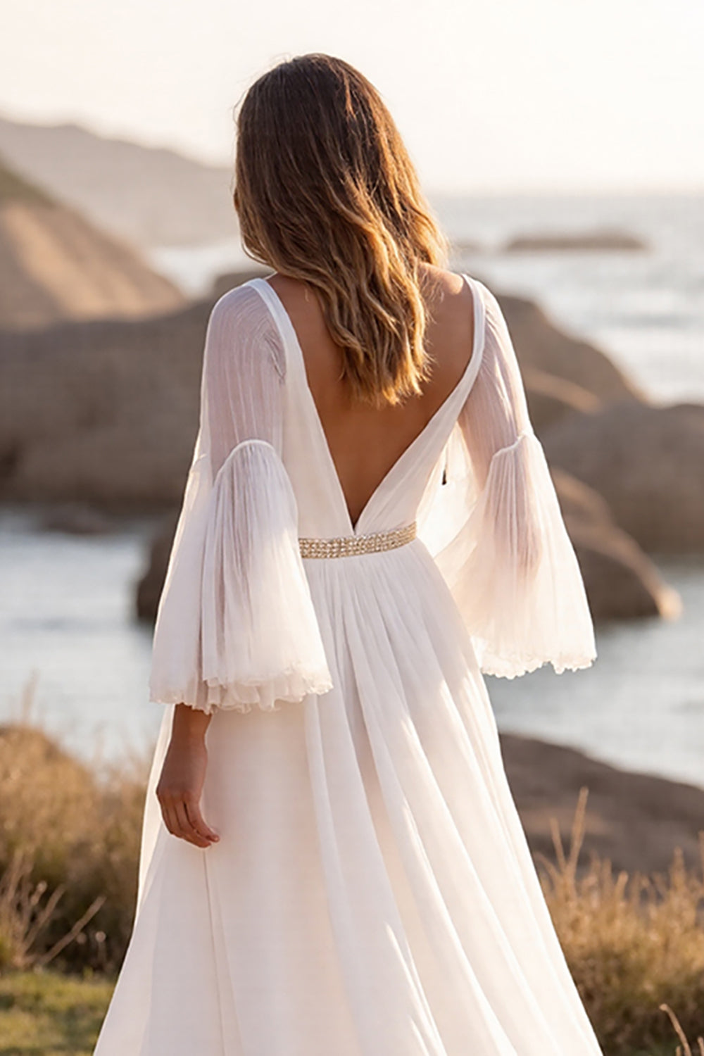 White Chiffon V-Neck A Line Sweep Train Boho Wedding Dress with Sleeves