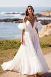 White V Neck Puff Sleeves Sweep Train Boho Wedding Dress