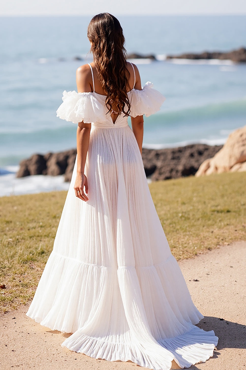 White V Neck Puff Sleeves Sweep Train Boho Wedding Dress
