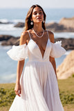 White V Neck Puff Sleeves Sweep Train Boho Wedding Dress