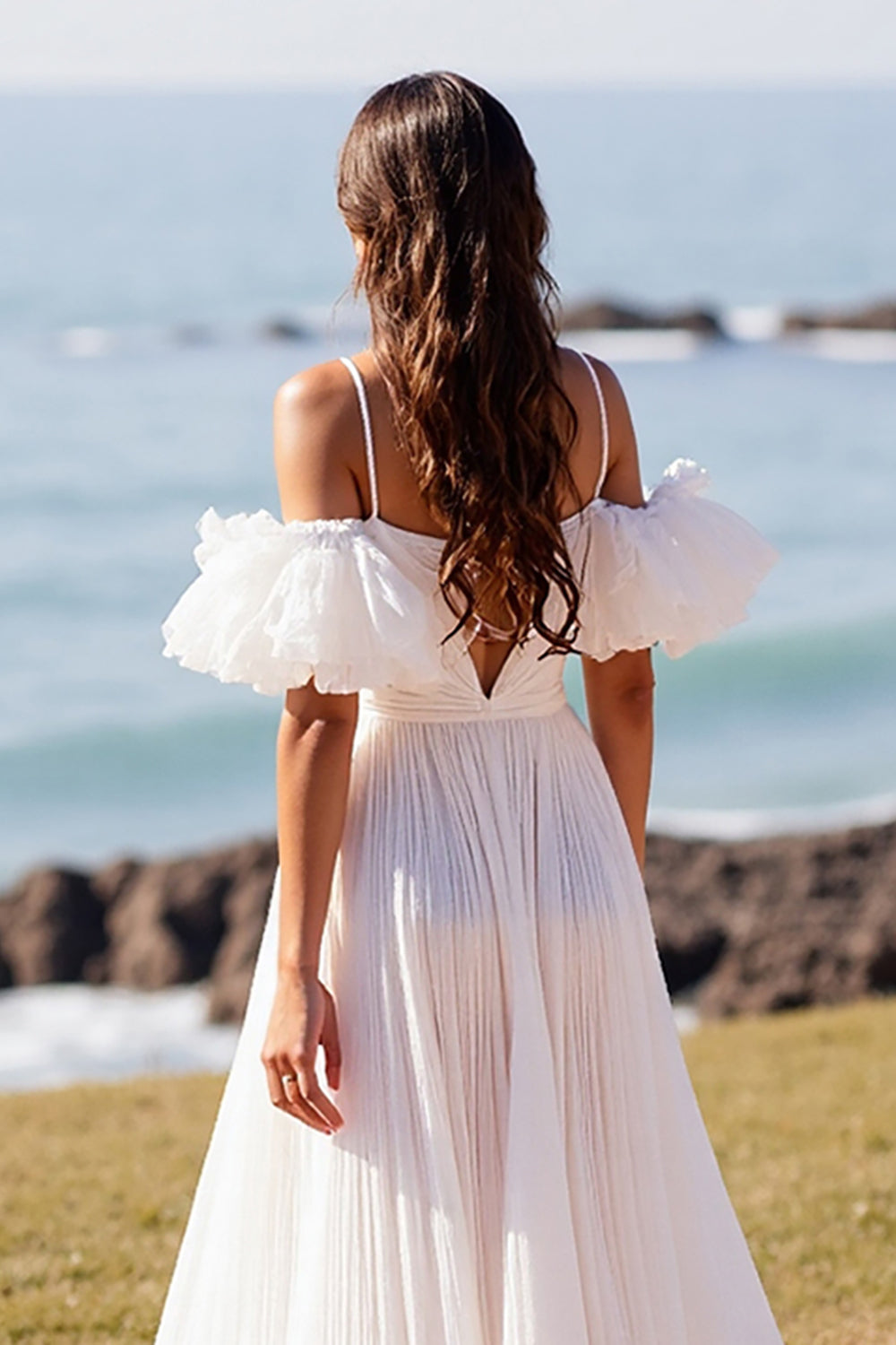 White V Neck Puff Sleeves Sweep Train Boho Wedding Dress