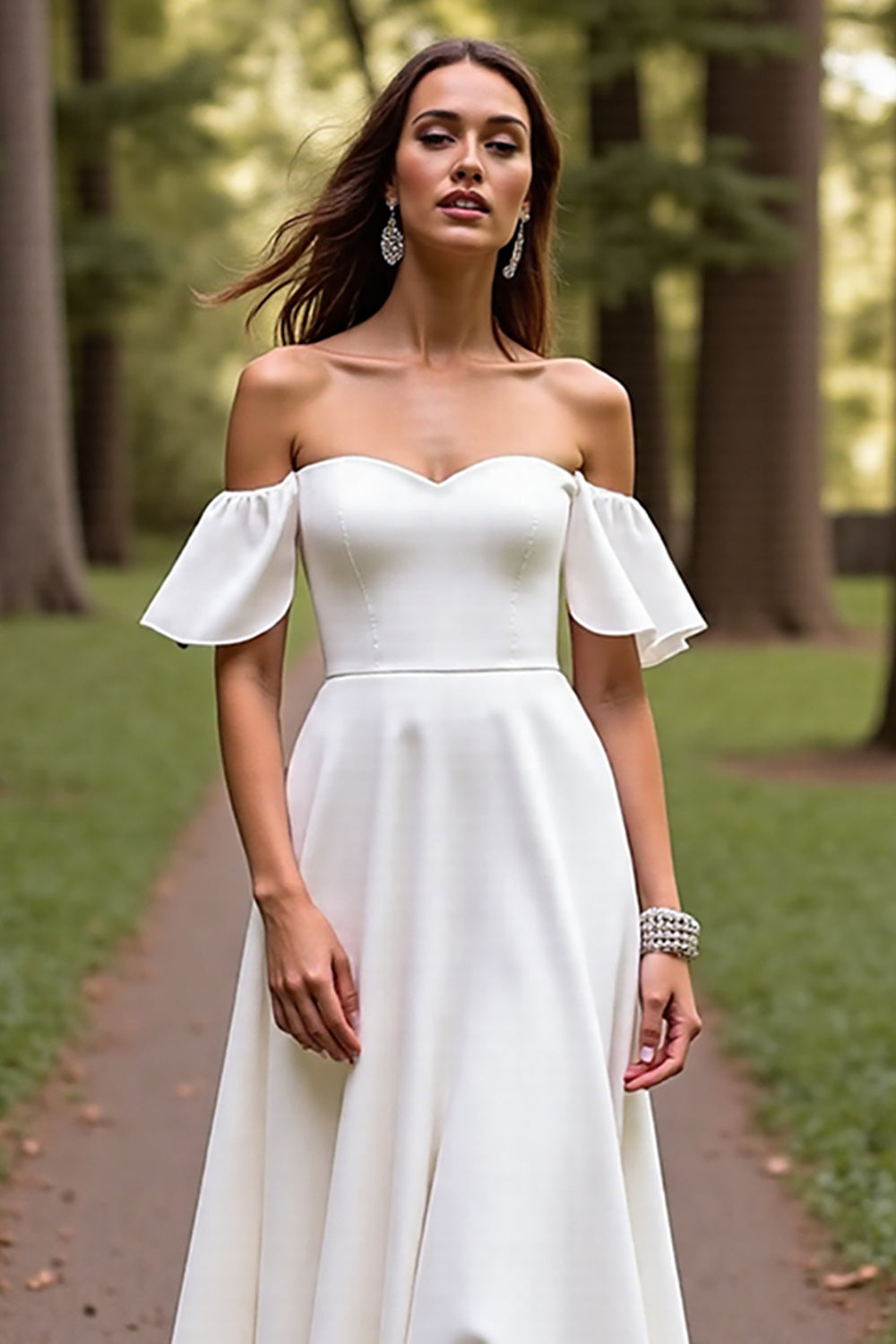 Simple White A Line Sweep Train Wedding Dress with Ruffles
