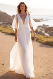 White V Neck A Line Sweep Train Wedding Dress with Ruffles
