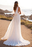 White V Neck A Line Sweep Train Wedding Dress with Ruffles