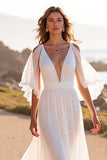 White V Neck A Line Sweep Train Wedding Dress with Ruffles