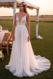 A Line White Spaghetti Straps  Sweep Train Boho Wedding Dress with Lace