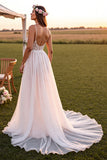 A Line White Spaghetti Straps  Sweep Train Boho Wedding Dress with Lace