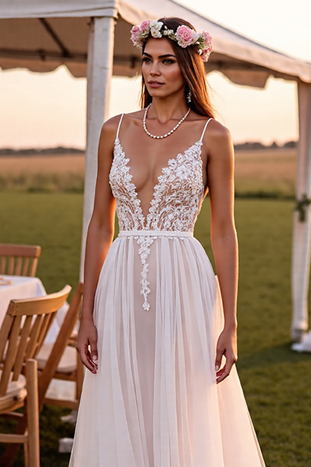 A Line White Spaghetti Straps  Sweep Train Boho Wedding Dress with Lace