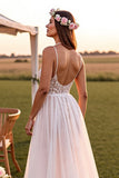 A Line White Spaghetti Straps  Sweep Train Boho Wedding Dress with Lace