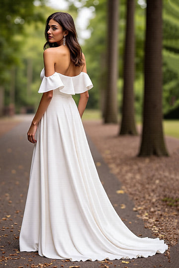 Satin A Line White Off the Shoulder Sweep Train Wedding Dress